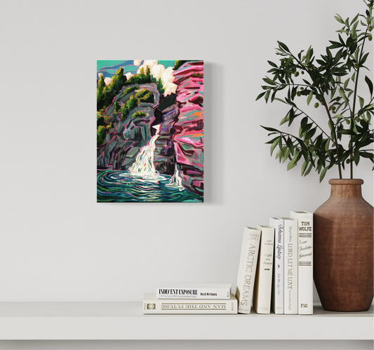 waterfall landscape painting of Linville falls with pink rocks and dramatic lighting. Asheville artist
