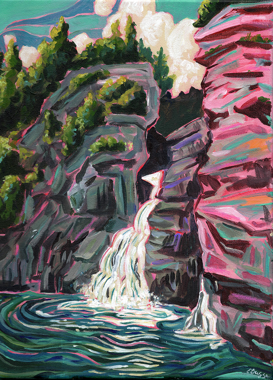 waterfall landscape painting of Linville falls with pink rocks and dramatic lighting. Asheville artist