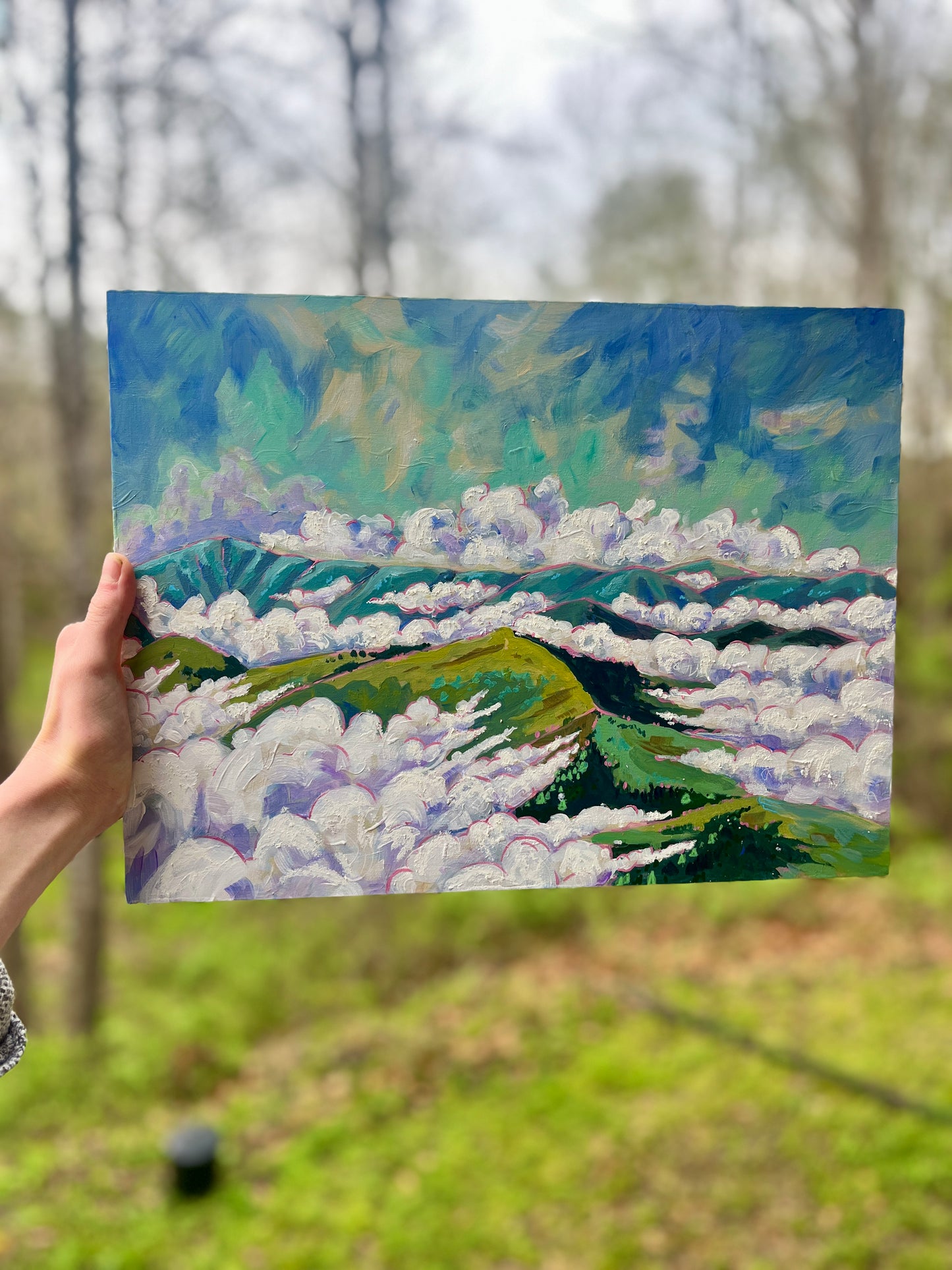 Heavenly morning acrylic painting of beautiful mountains with clouds and sky. Asheville artist.