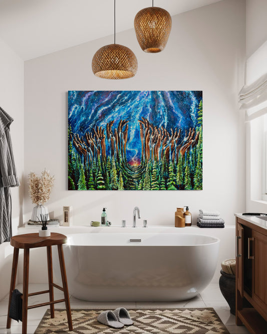 Mystical hands emerging from the woods into the cosmos painting in bathroom