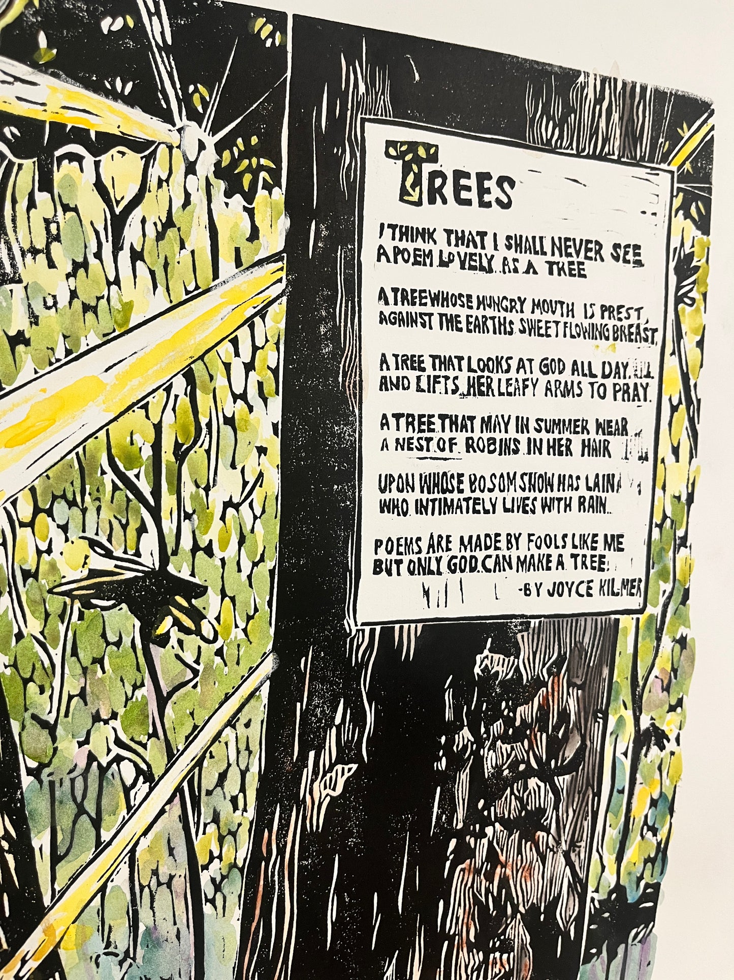 Lovely As A Tree- Watercolor Original - linocut