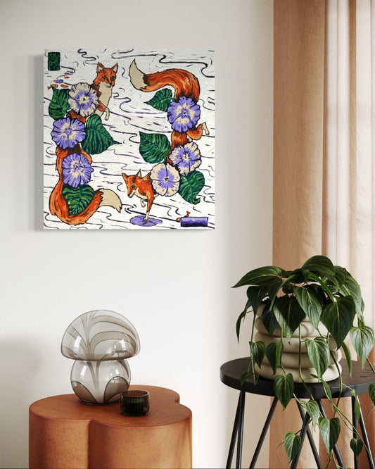 Acrylic painting of two orange foxes and purple peony flowers. Square minimalist animal painting. Asheville artist.