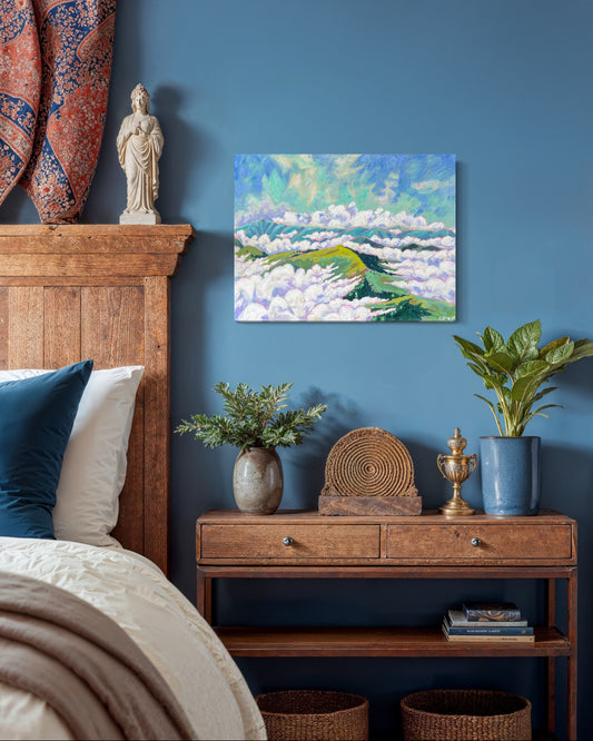Heavenly morning acrylic painting of beautiful mountains with clouds and sky. In bedroom over side table, peaceful vibes to wake up by. Asheville artist.