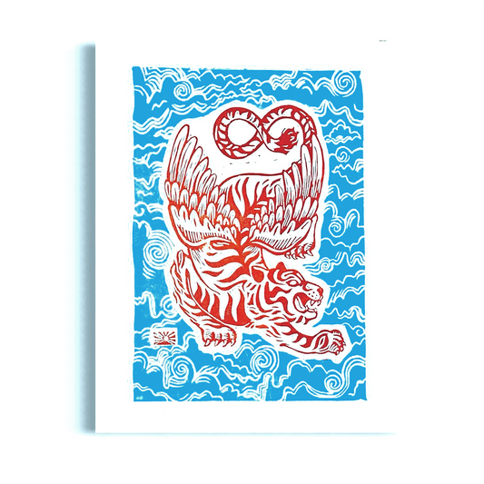 Indomitable Soul - blue and orange linocut print