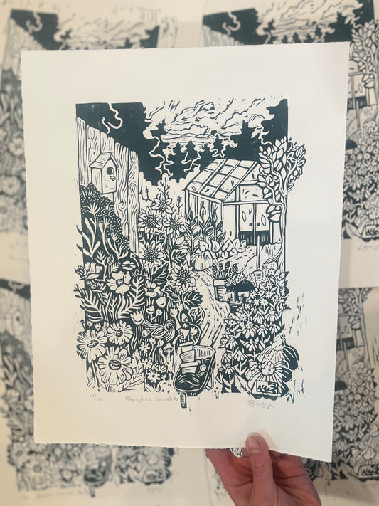 Abundance Surrounds Me - linocut