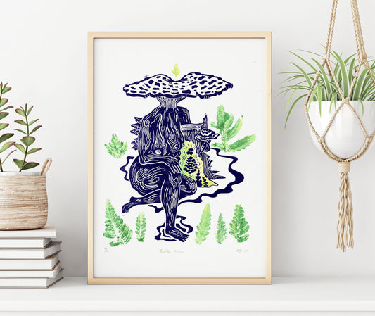 Polypore Princess - Original Linocut Print with Leaf Monotypes