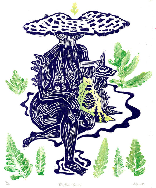 Polypore Princess - Original Linocut Print with Leaf Monotypes