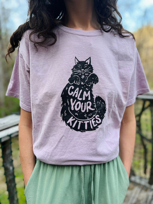 Calm Your Kitties T-Shirt with funny cat pun on botanical dyed oversized shirt, calming shirt, cat lover gift