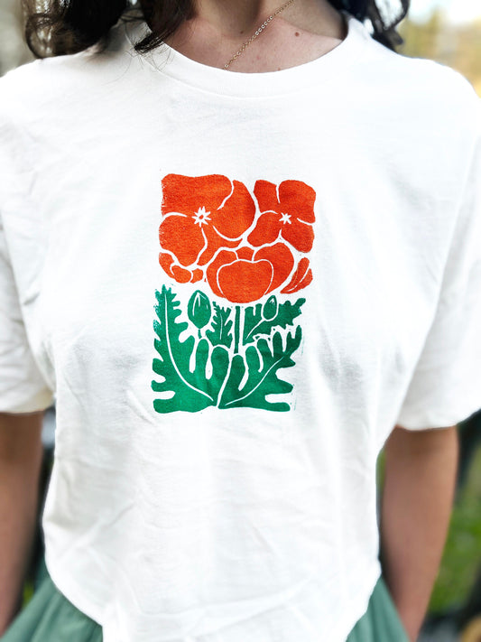 California Poppy Flower Tshirt for ladies crop top, boxy fit, linocut stamped shirt, summer shirt, flower child