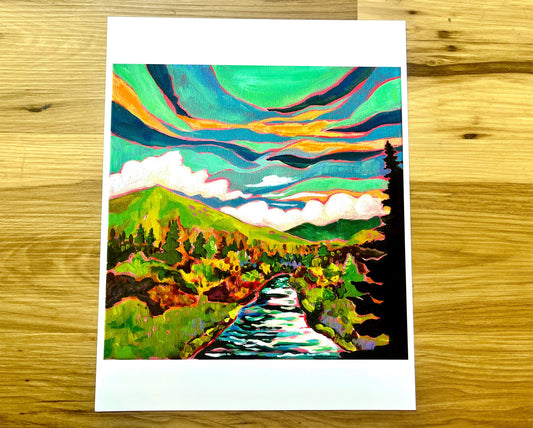 Sun River - Colorful River and Mountain Landscape Painting - Art Print