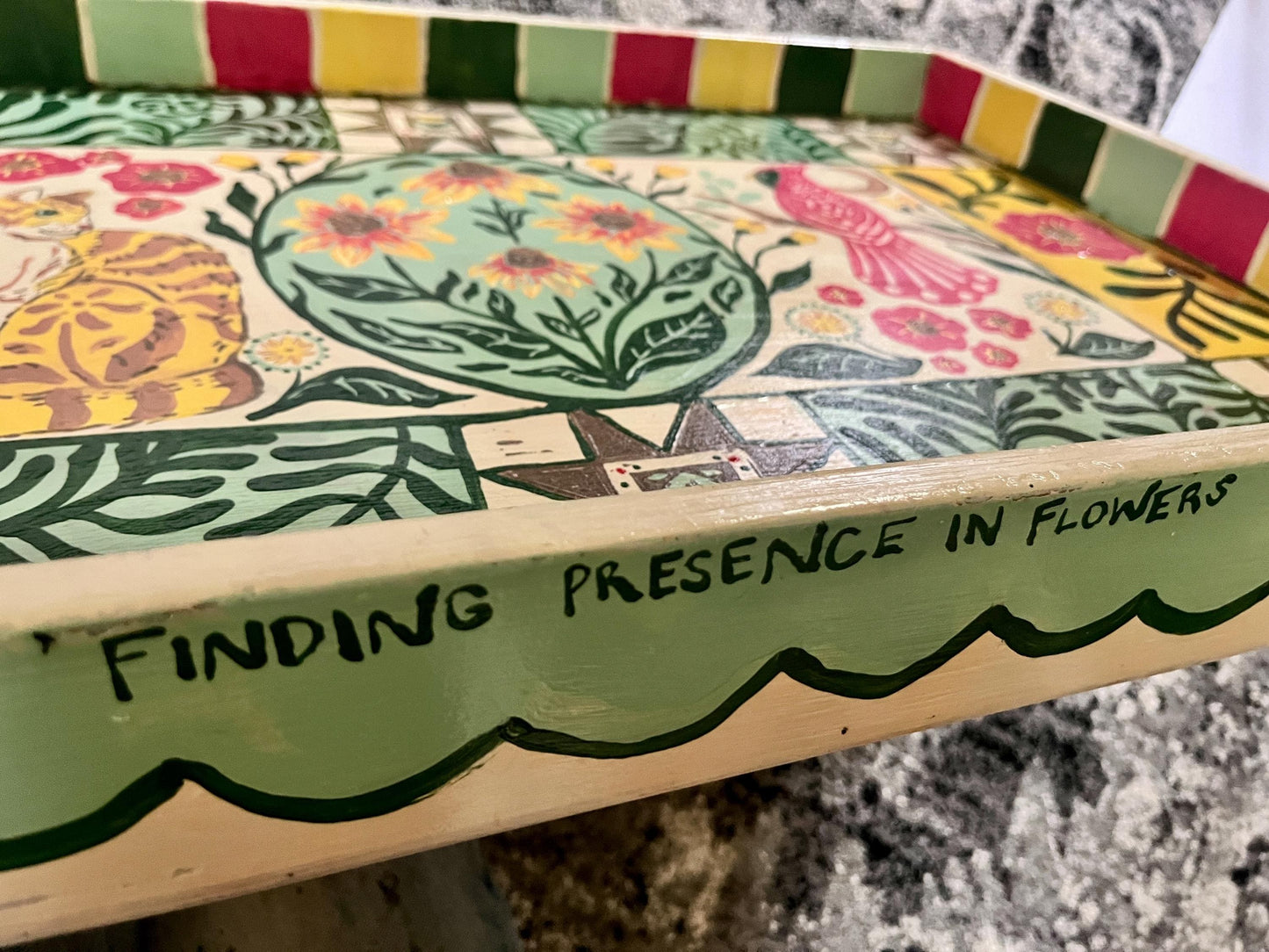 Finding Presence in Flowers - Cat and Cardinal Folk Painting - Unique Upcycled Art - Folk style