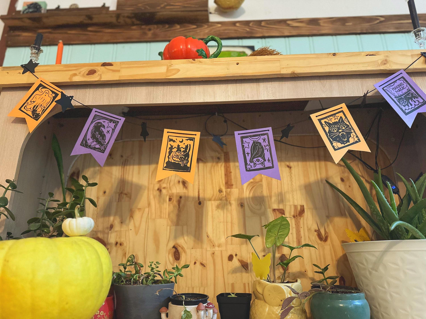 Handmade Linocut Vintage Halloween Banner | 6 Designs and Stars Pre-Strung Black Rope
