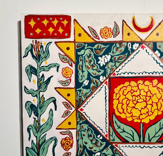 Plant Power - Garden Folk Art Original Painting - Corn Bean Marigolds- 14x18 on wood panel