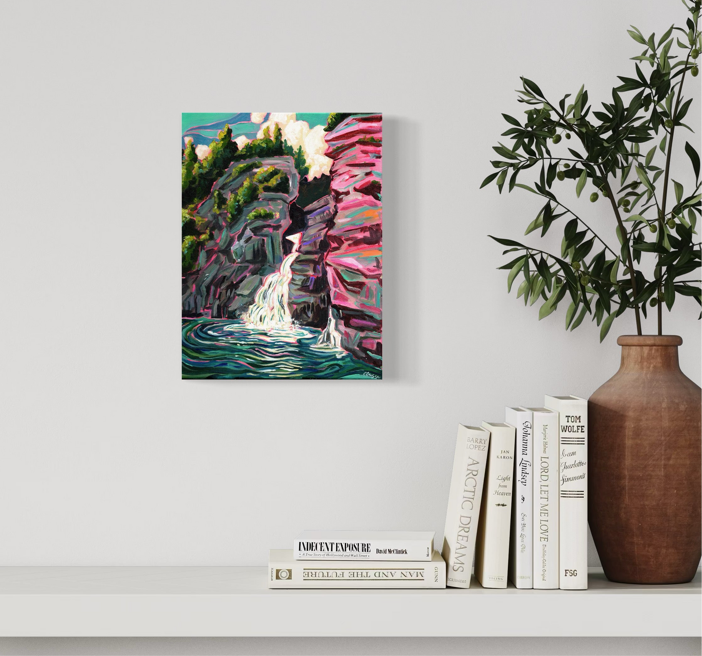 waterfall landscape painting of Linville falls with pink rocks and dramatic lighting. Asheville artist