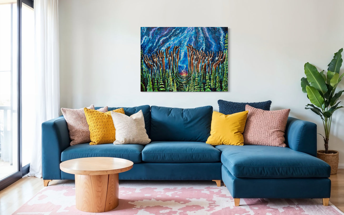 Mystical hands emerging from the woods into the cosmos painting in living room 