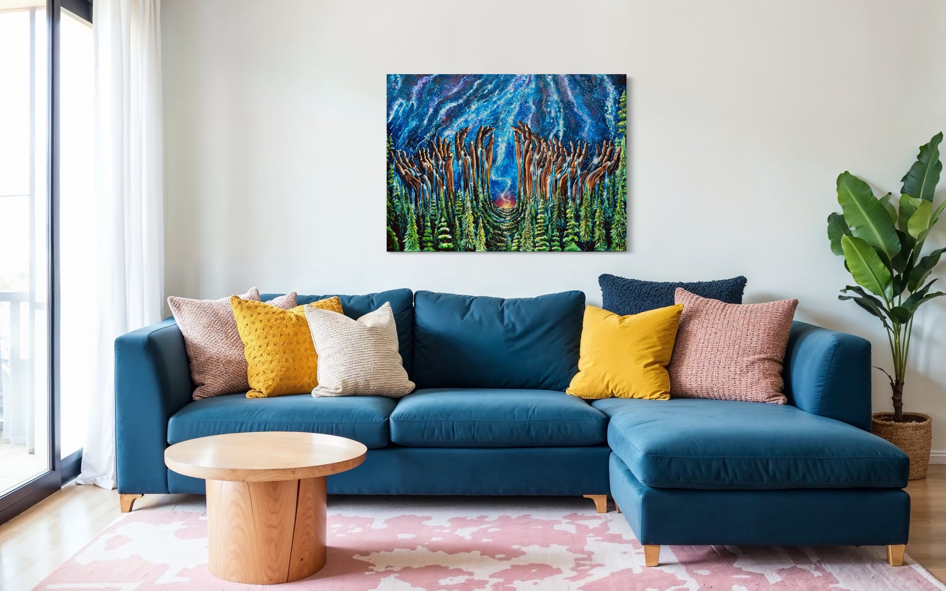 Mystical hands emerging from the woods into the cosmos painting in living room 