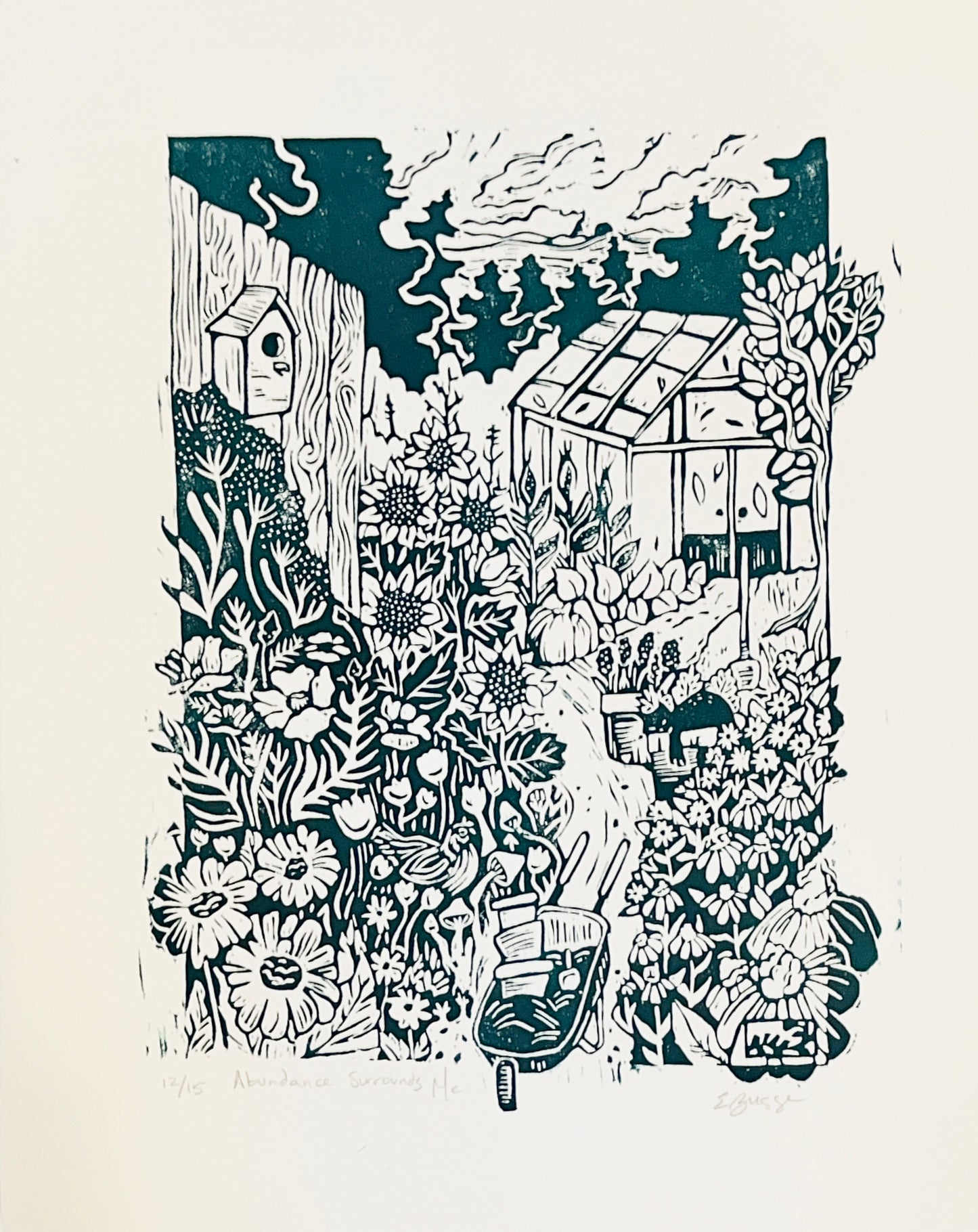 Abundance Surrounds Me - linocut