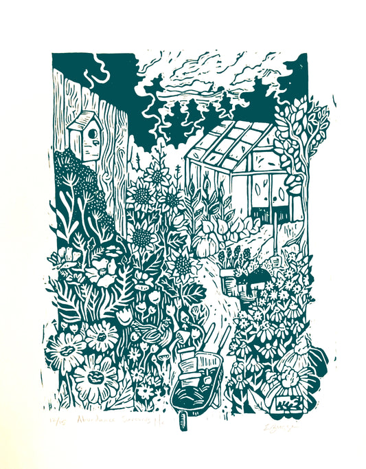 Abundance Surrounds Me - linocut