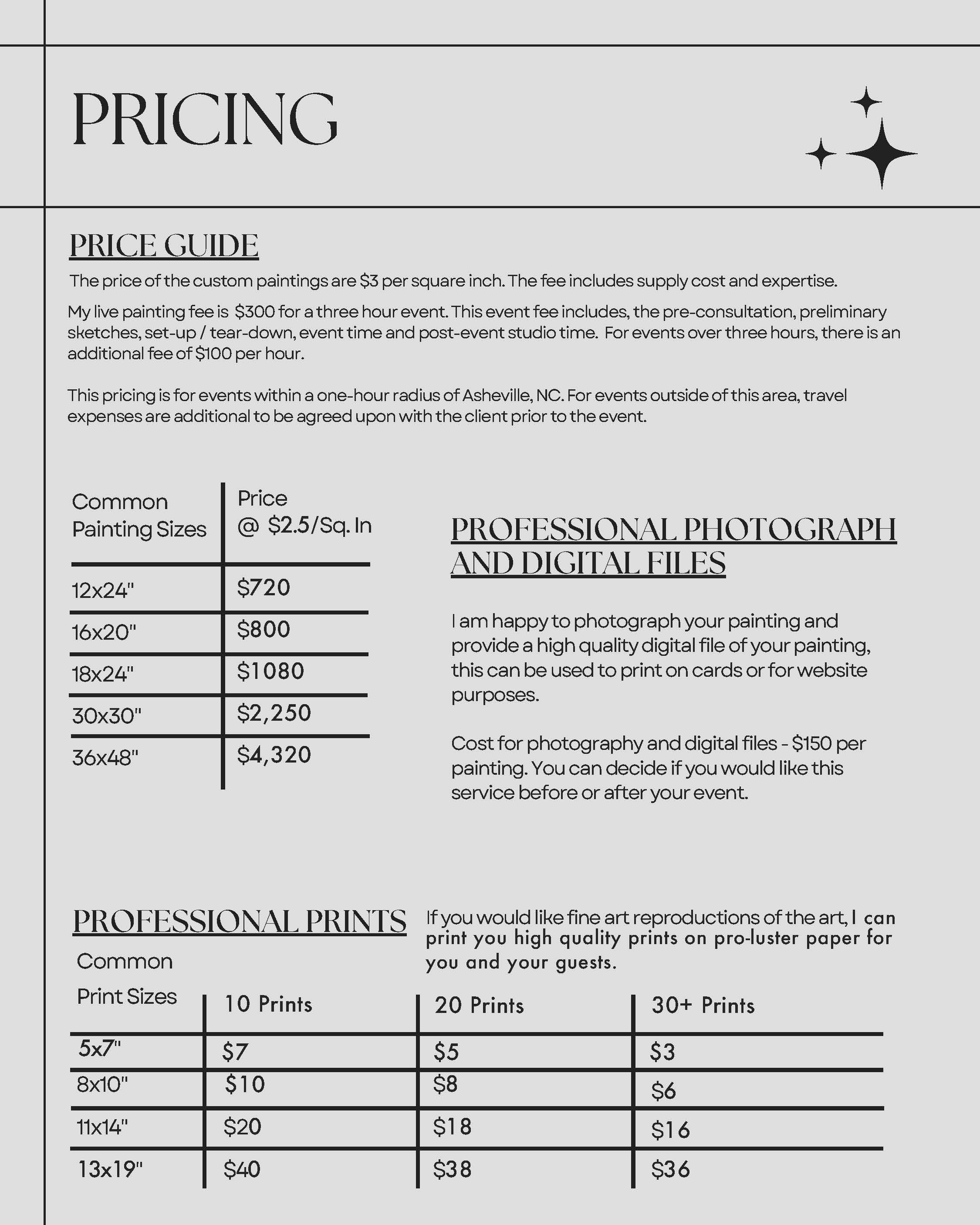 Pricing guide for art services including painting sizes, professional photography, digital files, and prints.