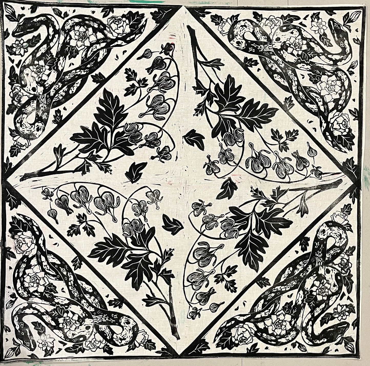 Snake and Flower Linocut Bandana