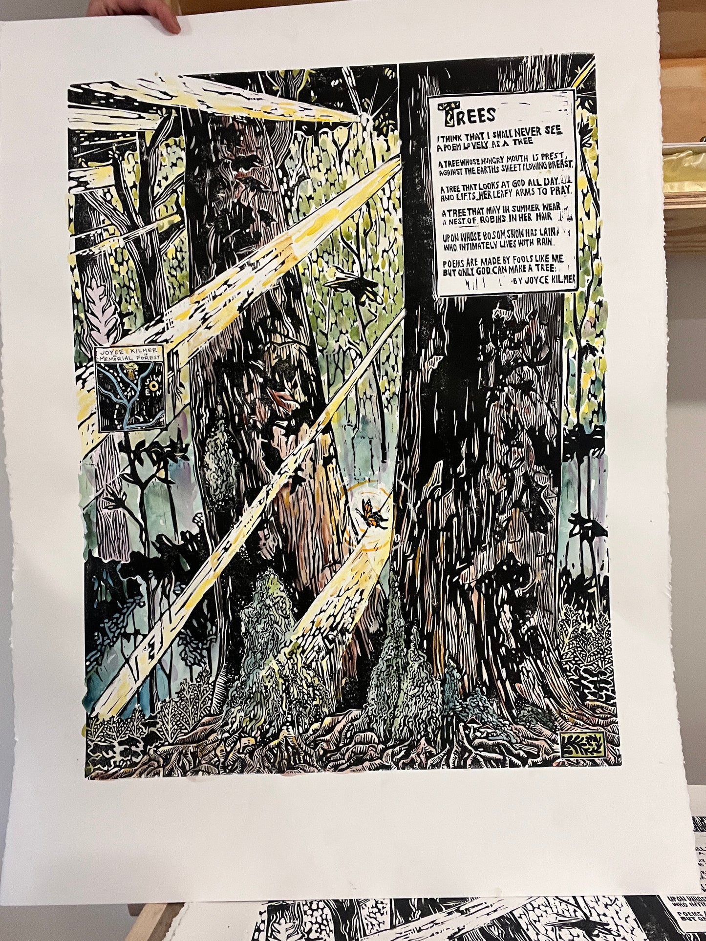 Lovely As A Tree- Watercolor Original - linocut