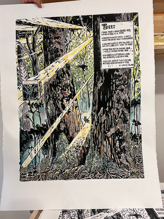 Lovely As A Tree- Watercolor Original - linocut