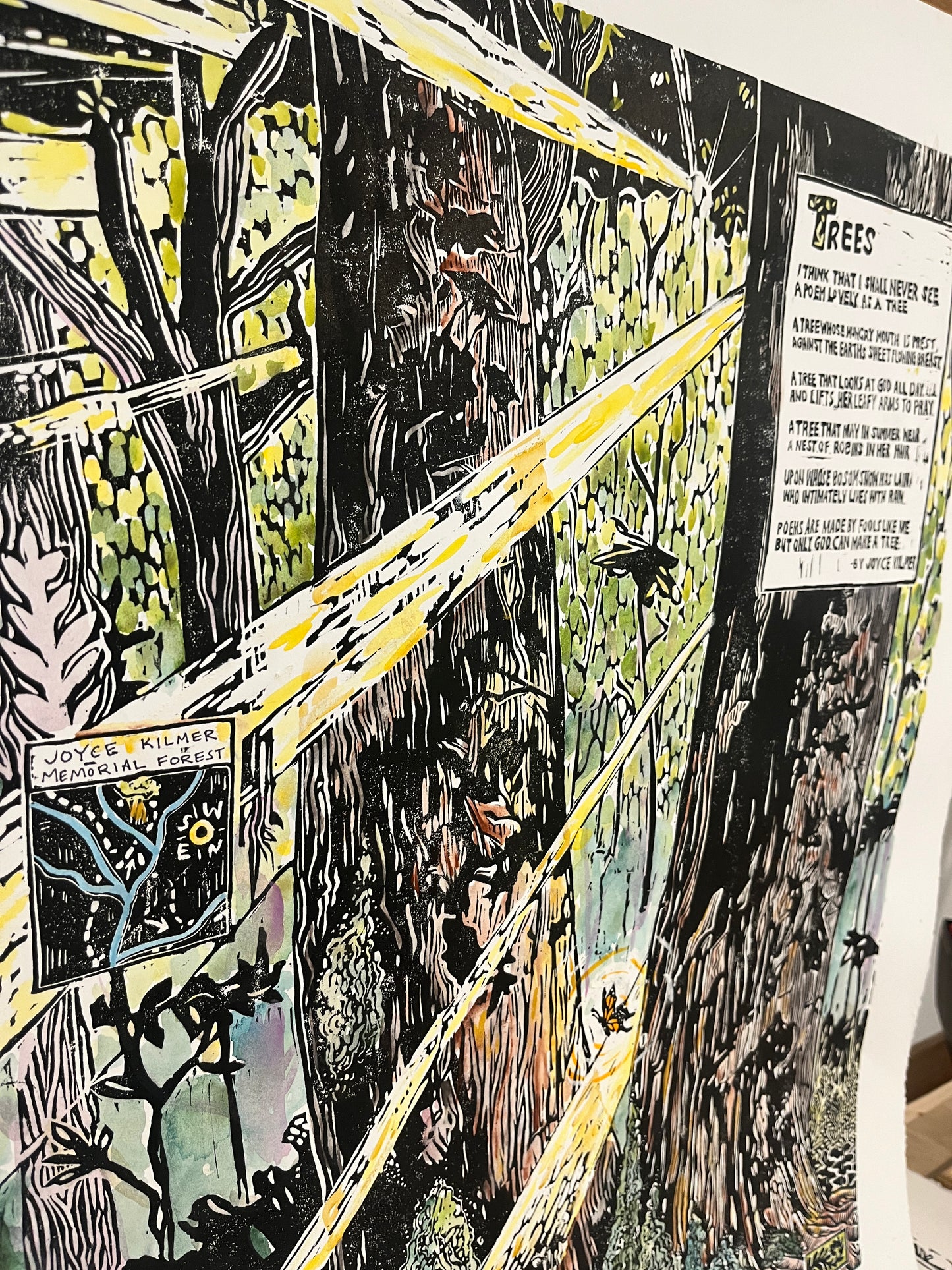 Lovely As A Tree- Watercolor Original - linocut