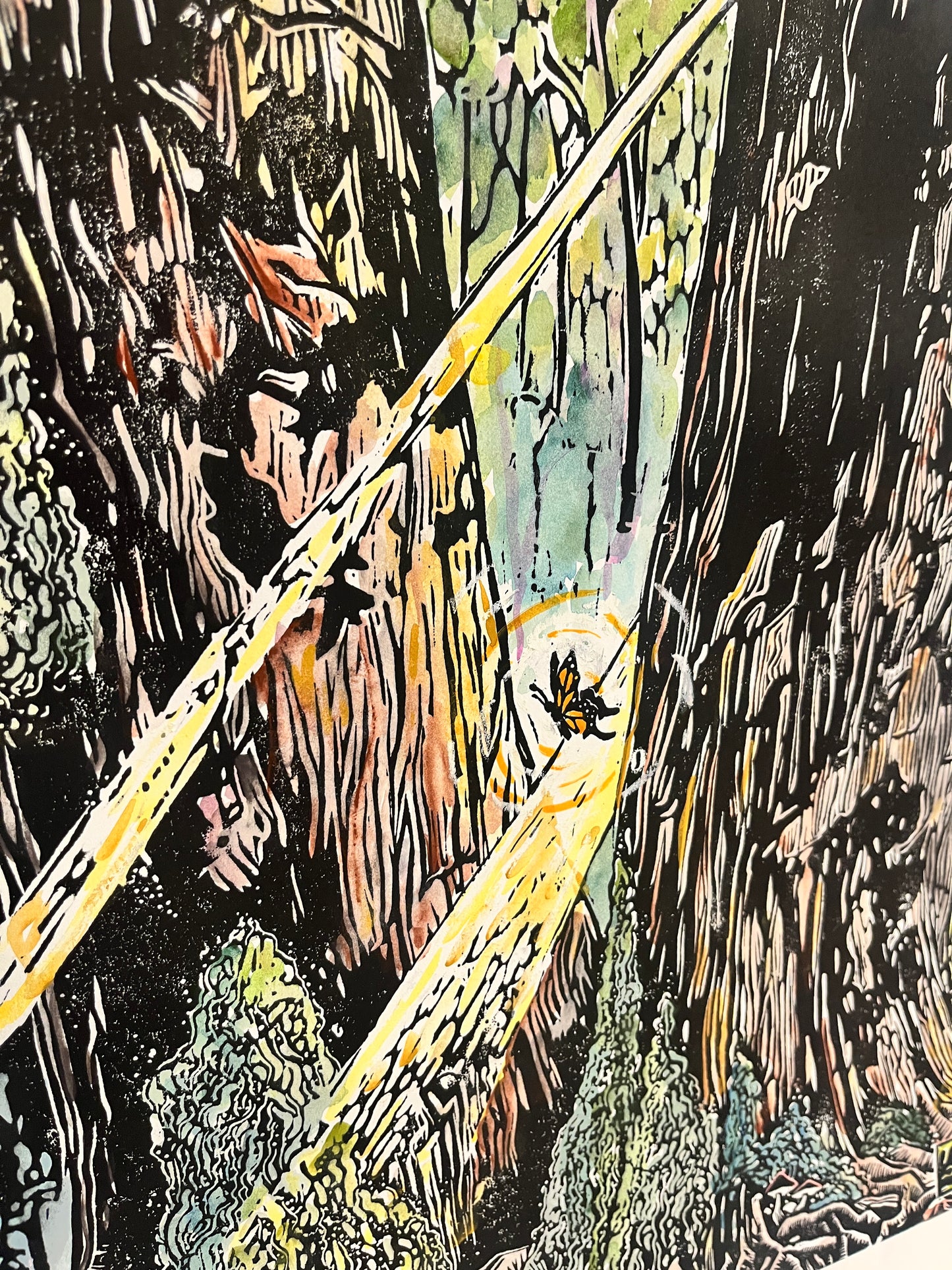 Lovely As A Tree- Watercolor Original - linocut