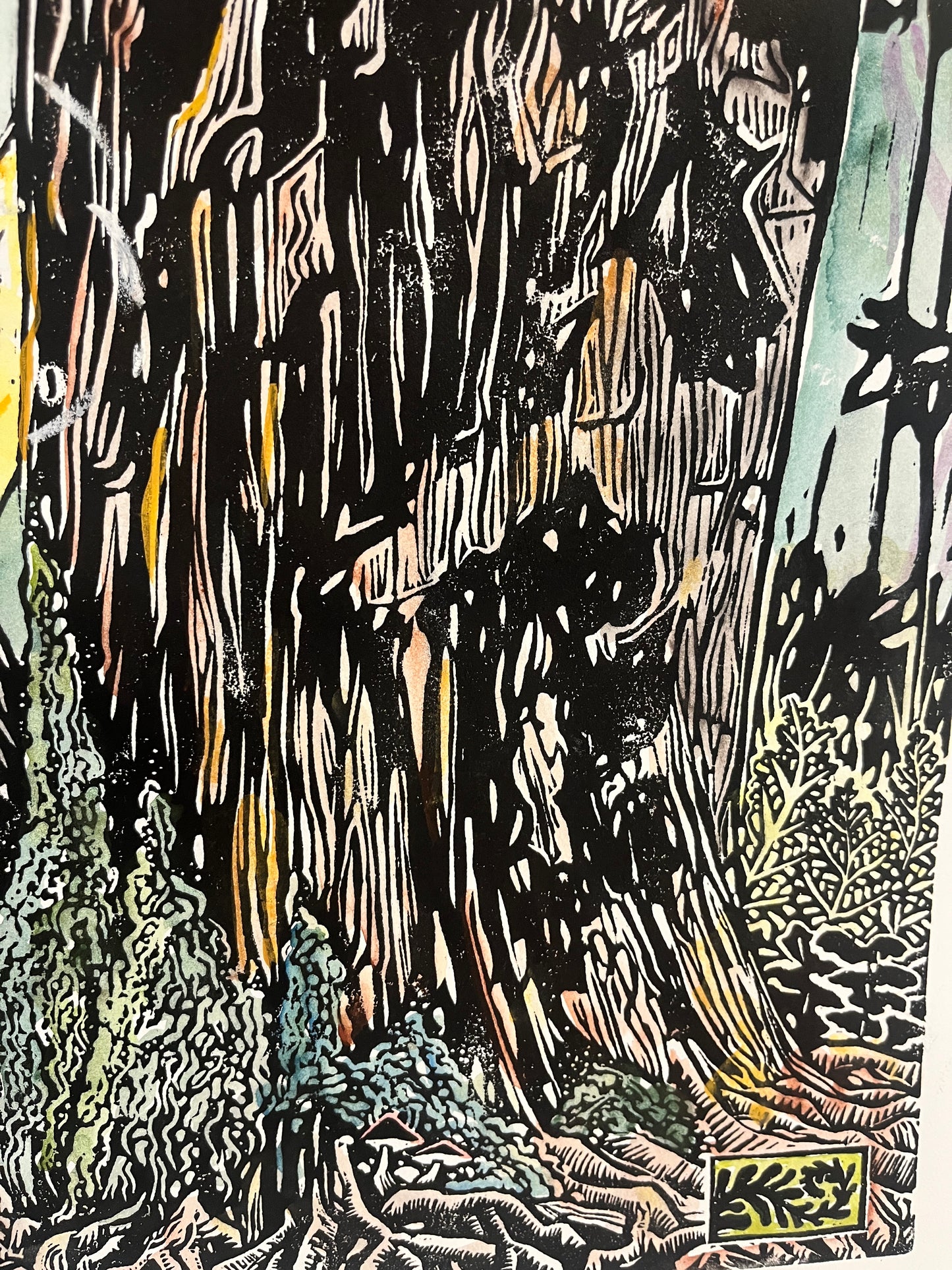 Lovely As A Tree- Watercolor Original - linocut
