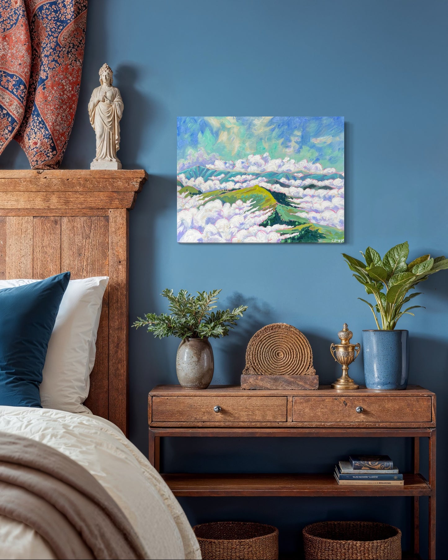 Heavenly morning acrylic painting of beautiful mountains with clouds and sky. In bedroom over side table, peaceful vibes to wake up by. Asheville artist. 