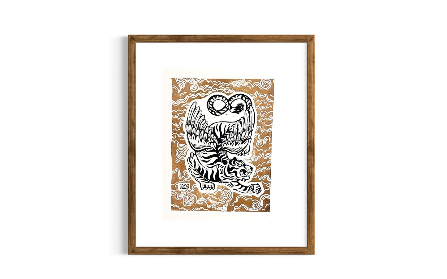 Indomitable Soul - gold and navy linocut print