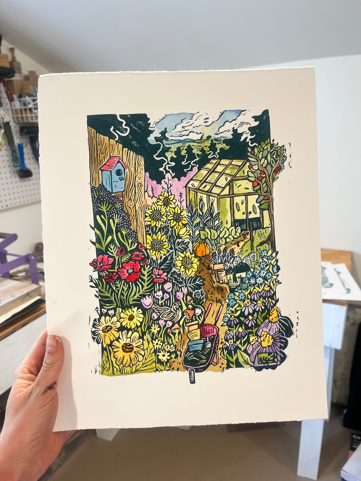 Abundance Surrounds Me - linocut