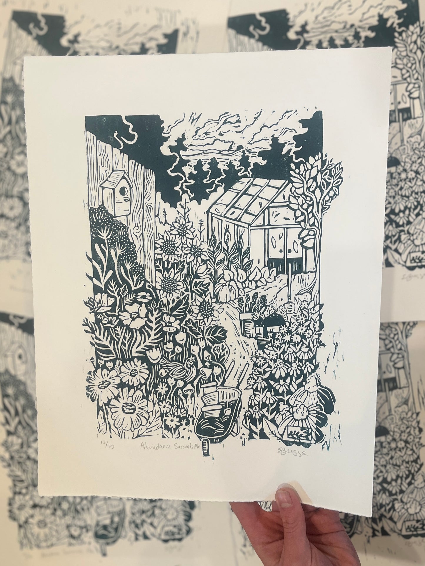 Abundance Surrounds Me - linocut