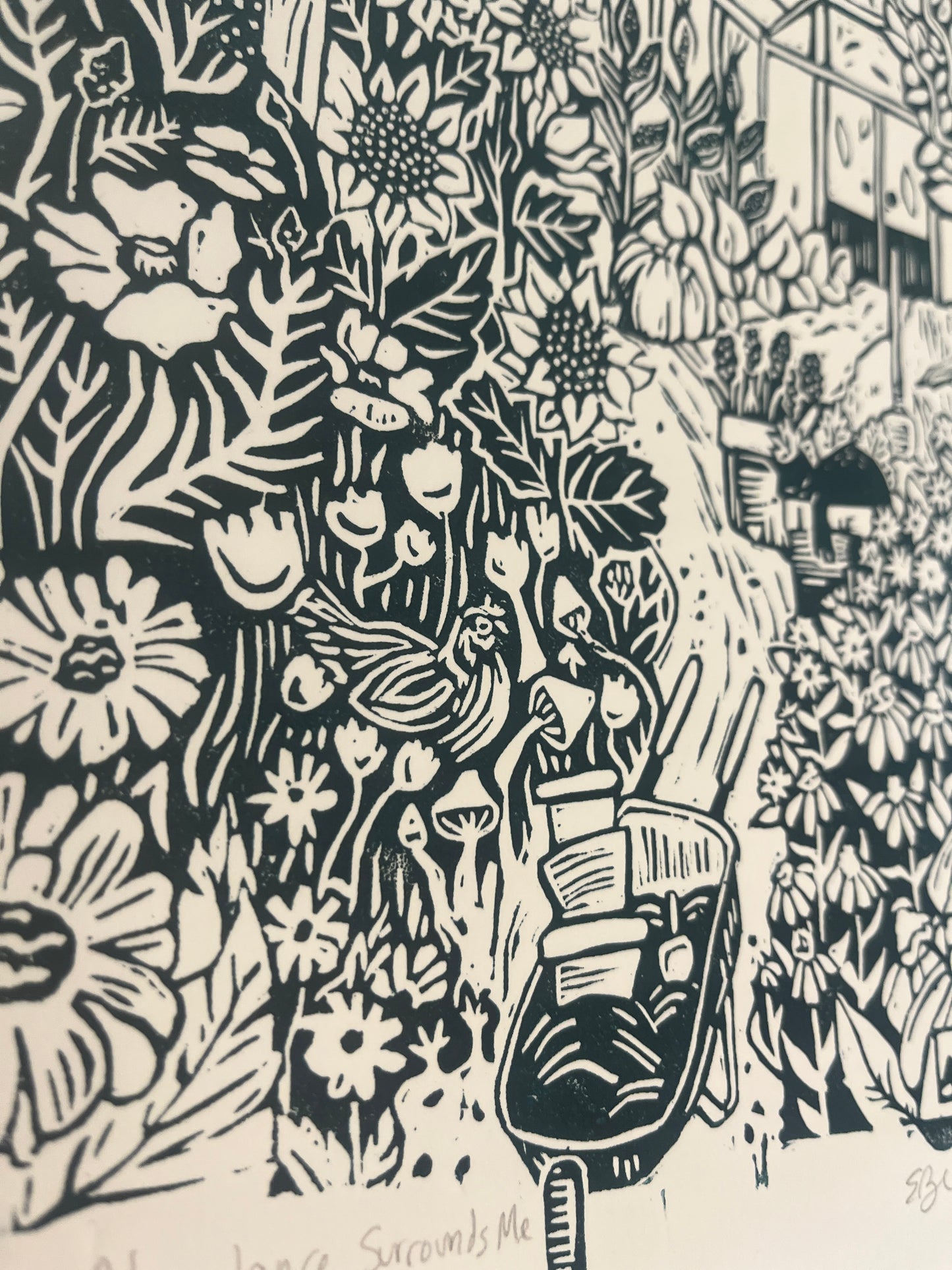 Abundance Surrounds Me - linocut