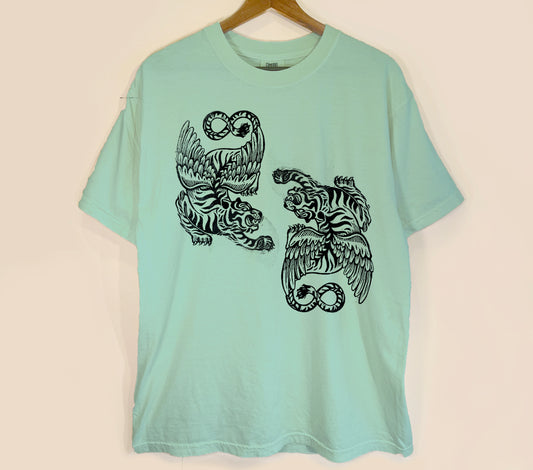 Flying Tigers linocut tshirt design, hand printed by erika busse asheville artist on a comfort colors bay tshirt