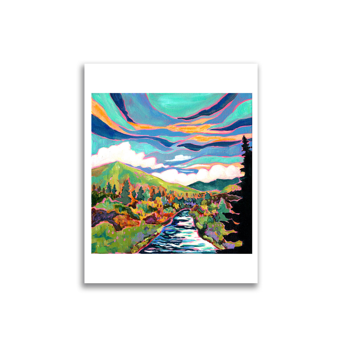 Sun River - Colorful River and Mountain Landscape Painting - Art Print