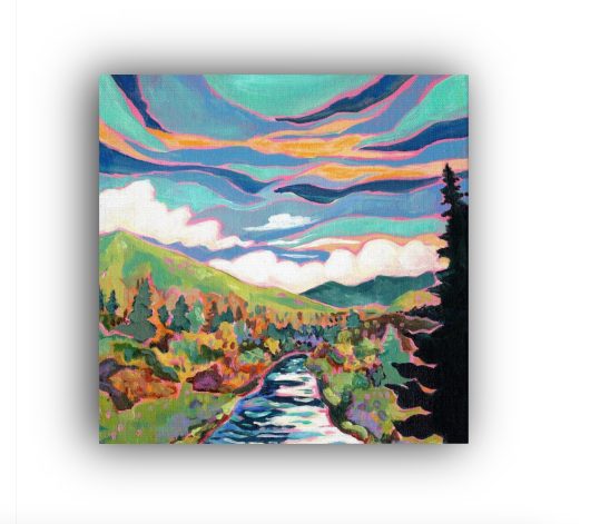 Sun River - Colorful River and Mountain Landscape Painting - Art Print