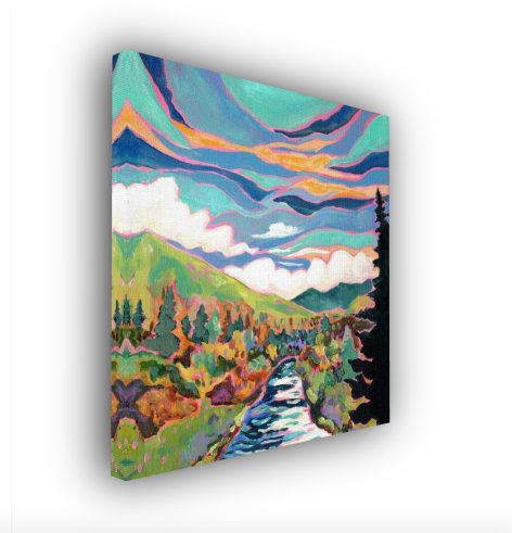 Sun River - Colorful River and Mountain Landscape Painting - Art Print