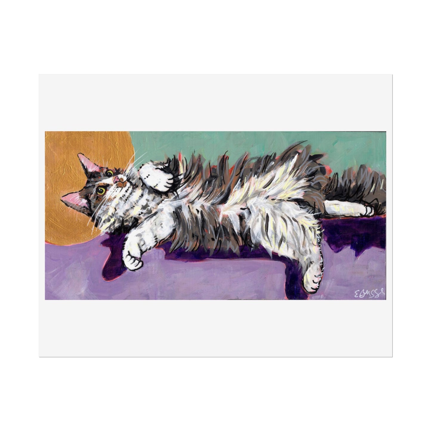 An art print of a fluffy cat relaxing with a cute halo over his head