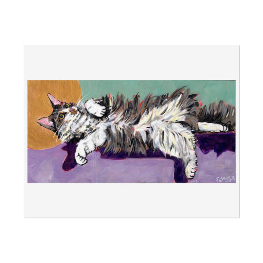 An art print of a fluffy cat relaxing with a cute halo over his head