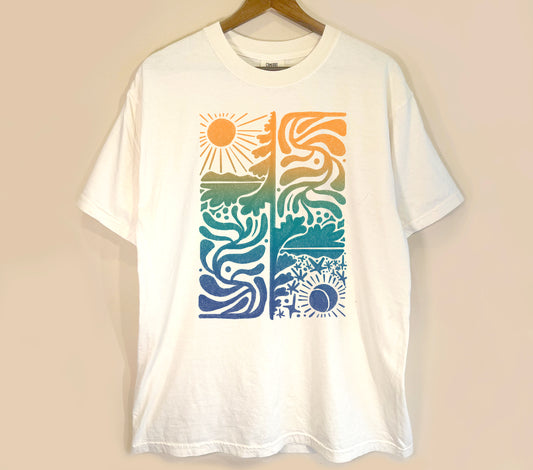 sun and moon colorful hand drawn design by Erika Busse, asheville artist, printed on a comfort colors ivory shirt
