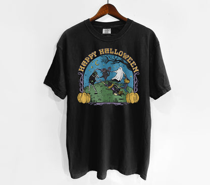 Black t-shirt with Halloween graphic on a hanger against a white background