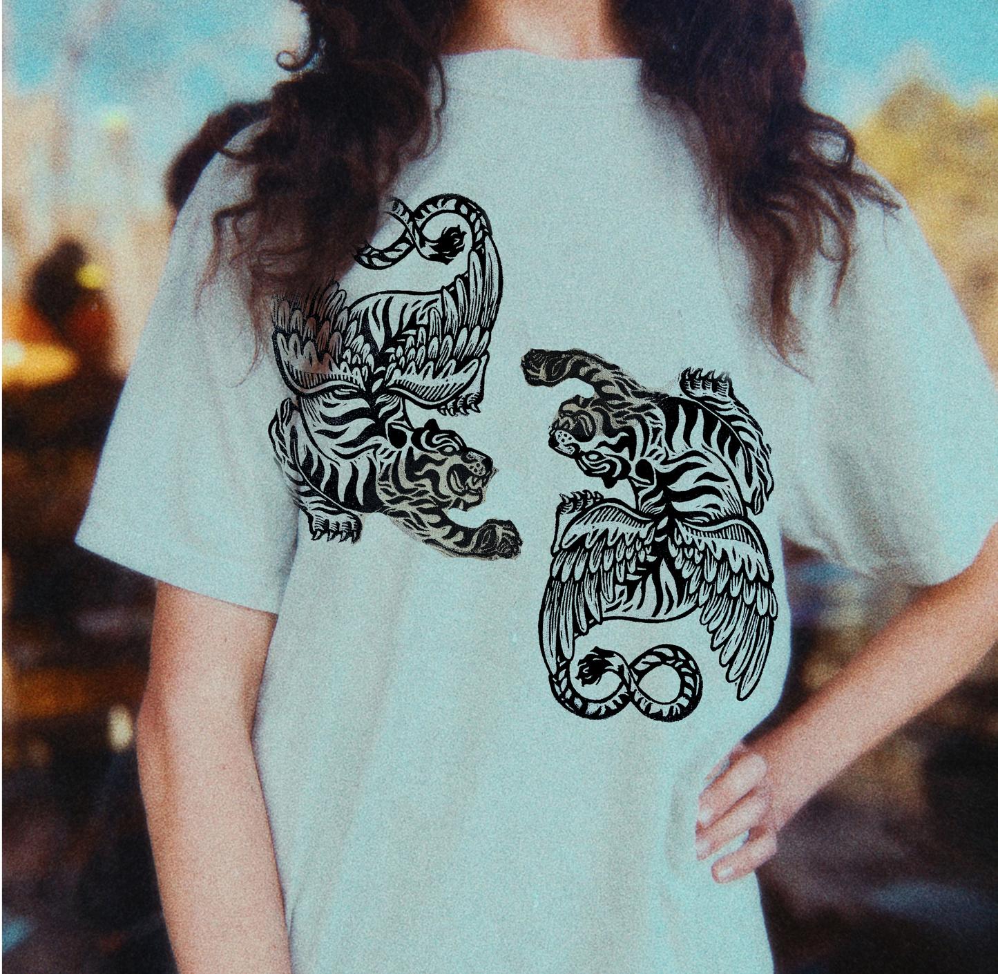 Flying Tigers linocut tshirt design, hand printed by erika busse asheville artist on a comfort colors bay tshirt