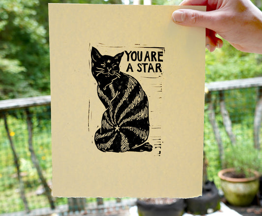 You Are a Star - Vintage Cat Illustration Linocut, hand carved and hang stamped, positive saying wall art