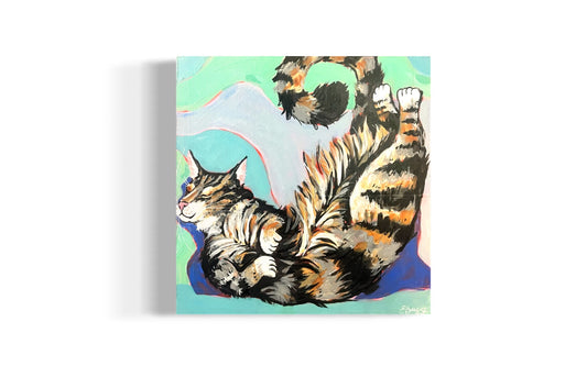 Painting of a Cozy tabby cat sleeping in a corner. asheville artist