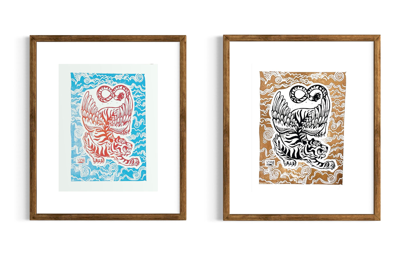 Two framed artworks of tigers with abstract patterns on a white background
