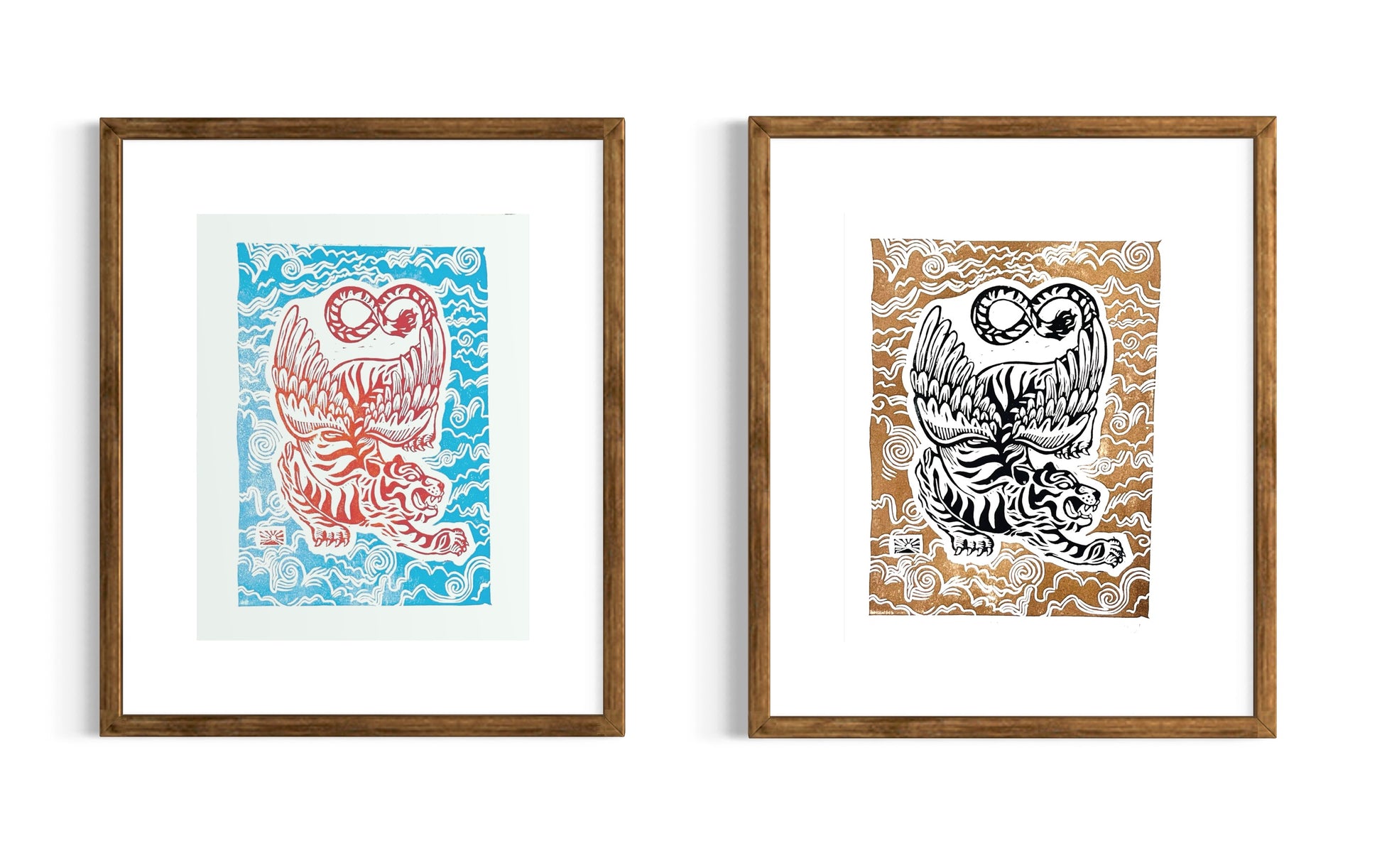 Two framed artworks of tigers with abstract patterns on a white background