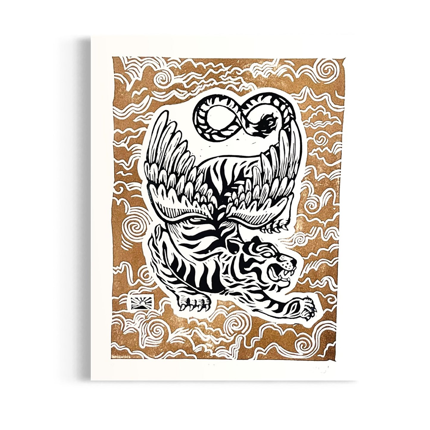 Indomitable Soul - gold and navy linocut print