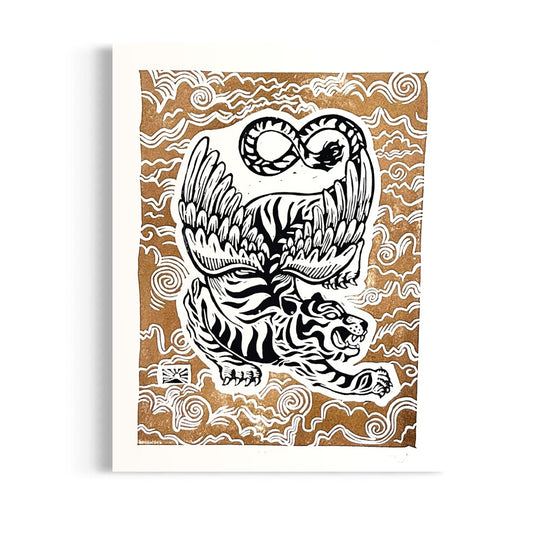 Indomitable Soul - gold and navy linocut print
