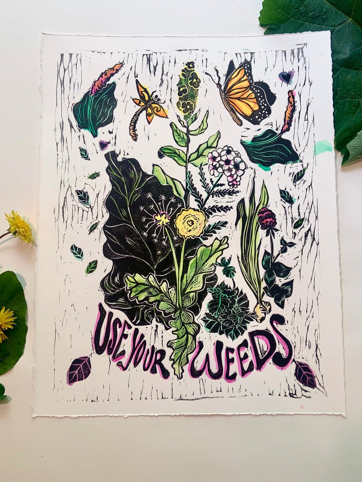 Use Your weeds, herbalist print, Lino cut